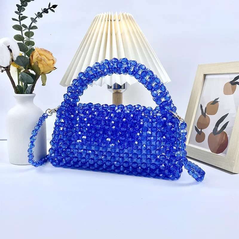 Meet You High Quality Handmade Clear Acrylic Beaded Evening Fashion Transparent Crystal Knitted Hollow Small Square Bag