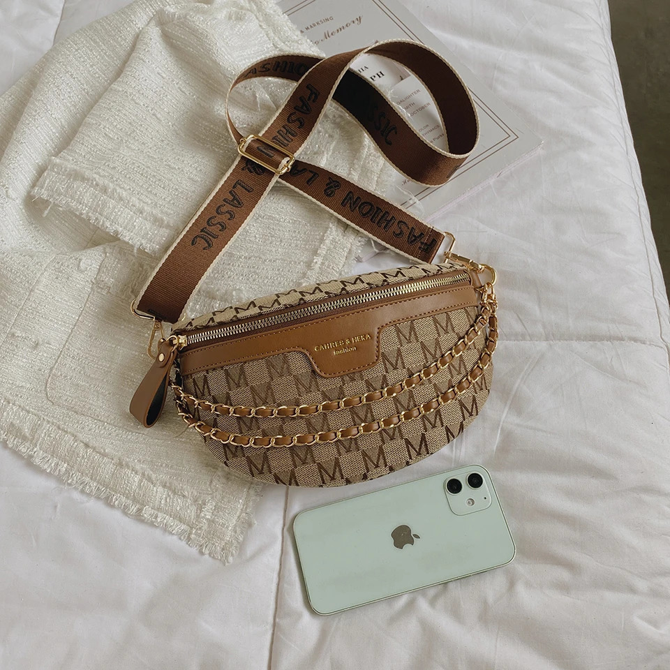 Fashion Letter Printed Fanny Packs for Women Chain Waist Pack Phone Purse Female Chest Bag Wide Shoulder Strap Crossbody Bag 250317
