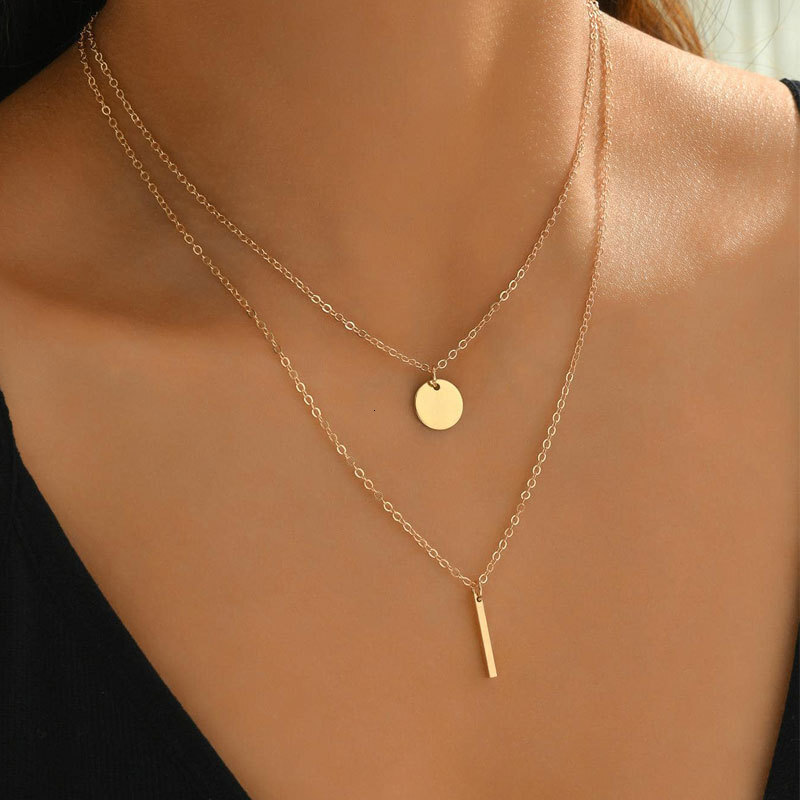 Double Circle Piece Vertical Pendant Necklace Women Simple Everything With Choker Chain Clavicle Chain Jewelry