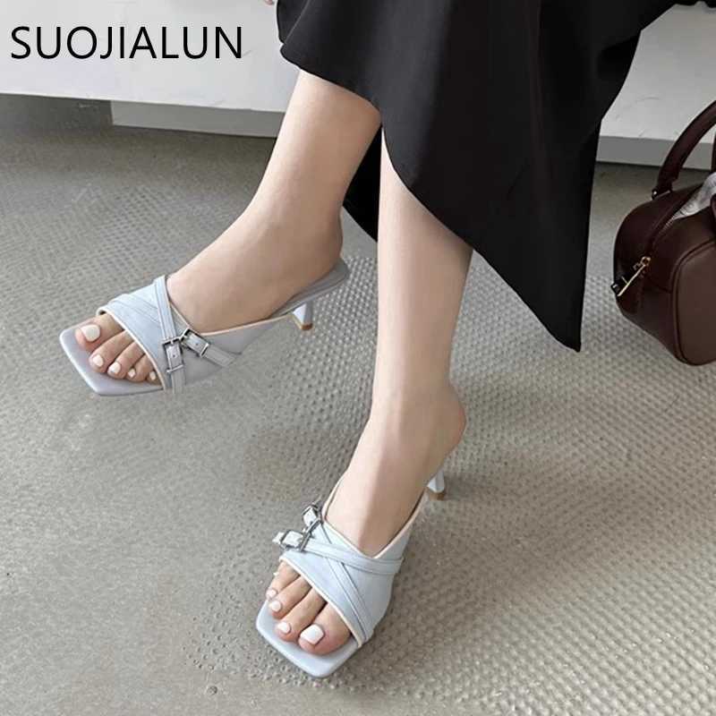 SUOJIALU 2025 brand new bra slider Fi square toe slider womens elegant slider square high heels outdoor dress sandals Y250317