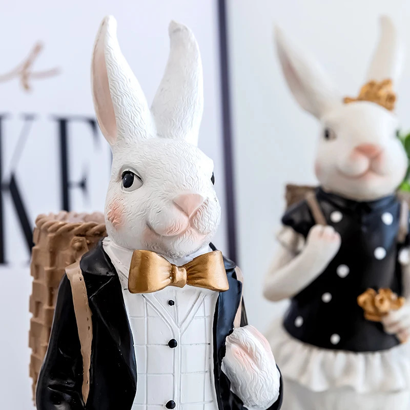 Pastoral rabbit family decoration bedroom living room porch home ornaments black gold Easter bunny resin crafts 250317