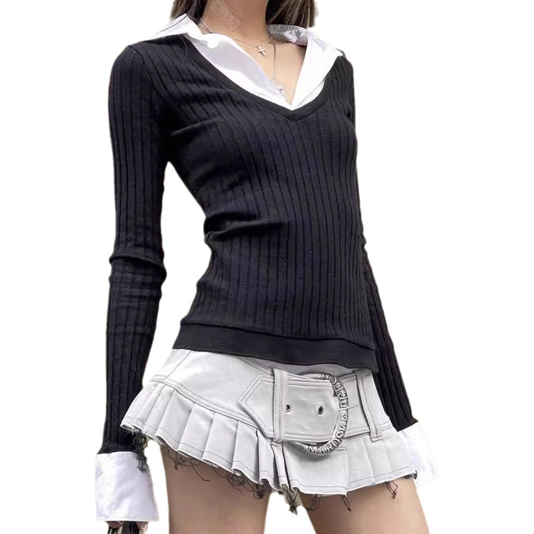 College Style Spring Women's POLO Collar Splicing Fake Two-Piece Long Sleeved T-Shirt Design Sense Top