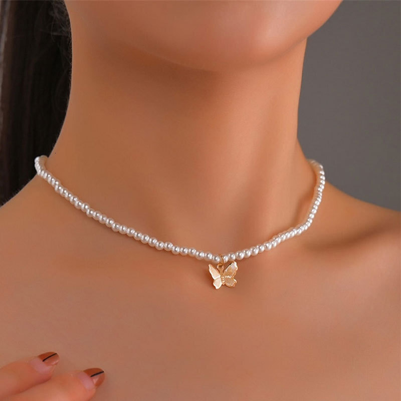 Imitation Pearl Acrylic Butterfly Pendant Necklace Women's Bohemian Choker Collarbone Chain Jewelry