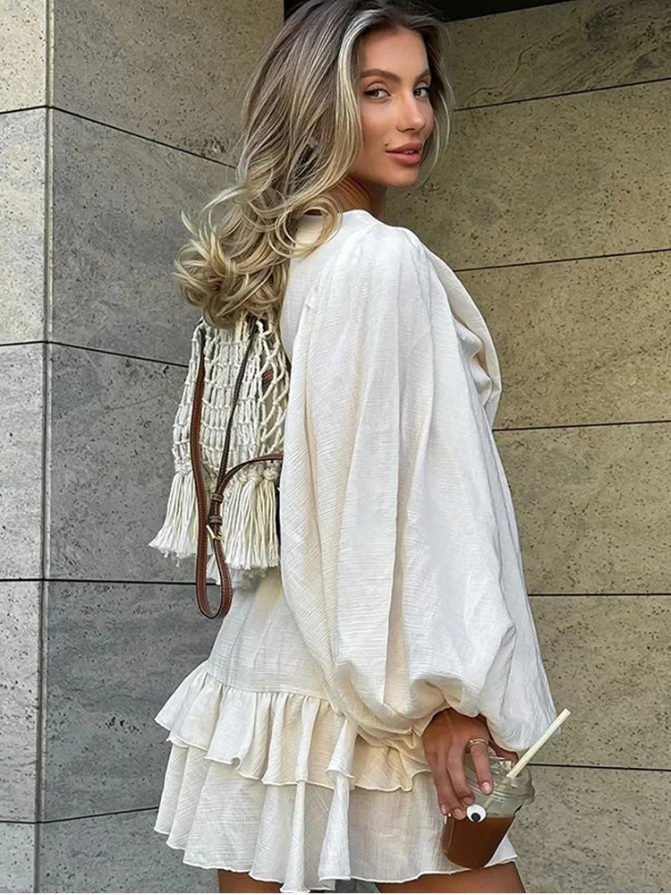 Elegant layered pleated hem mini dress chic loose O-neck lantern sleeves buttons A-line cake dress womens street vest 250314