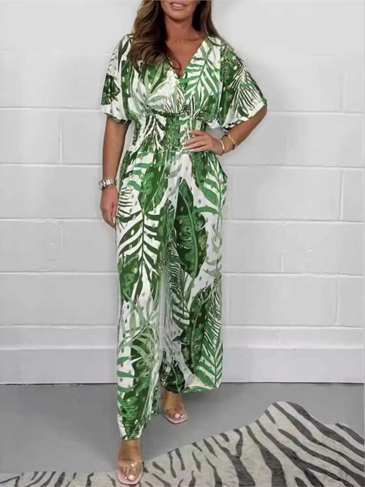 2025 Summer Elegant Womens Printed Folding jumpsuit Fashion V-neck Short Sleeve Elastic Waist Wide Leg Pants Casual Slimming jumpsuit X250318