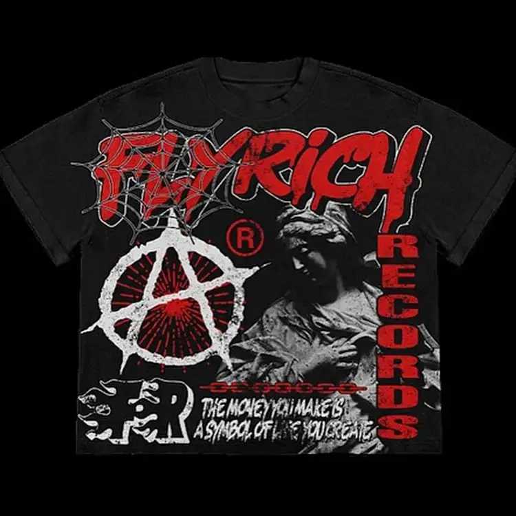 Y2K retro FlyRich 2019 world graphic print 100% pure cotton T-shirt mens short sleeved retro oversized T-shirt womens topXJ250318