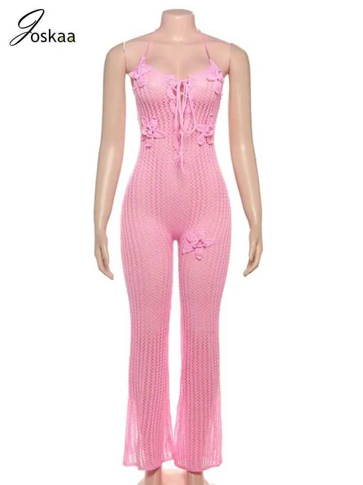 Joskaa Knitted Strap Lace Backless jumpsuit Womens floral decal sleeveless tight jumpsuit 2025 Summer Vacation Beach Wear X250318