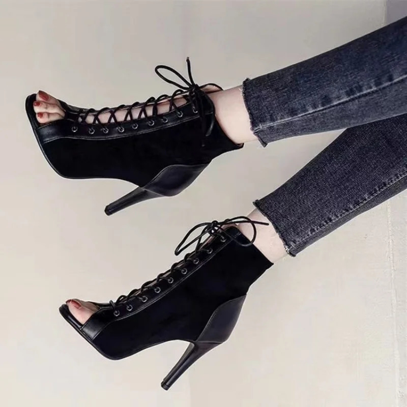 Sandals Hollow Mesh Heels Womens Shoes Summer Trend Black Lace-Up Sexy Peep Toe Boots Stilettos Jazz Dance Female Shoes 250317