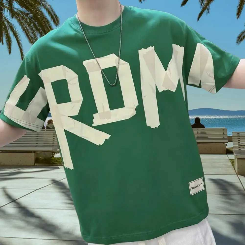 Mens letter printed T-shirt mens summer letter printed T-shirt round neck with floral pattern suitable for teenagers to wear loose short sleeved shirt