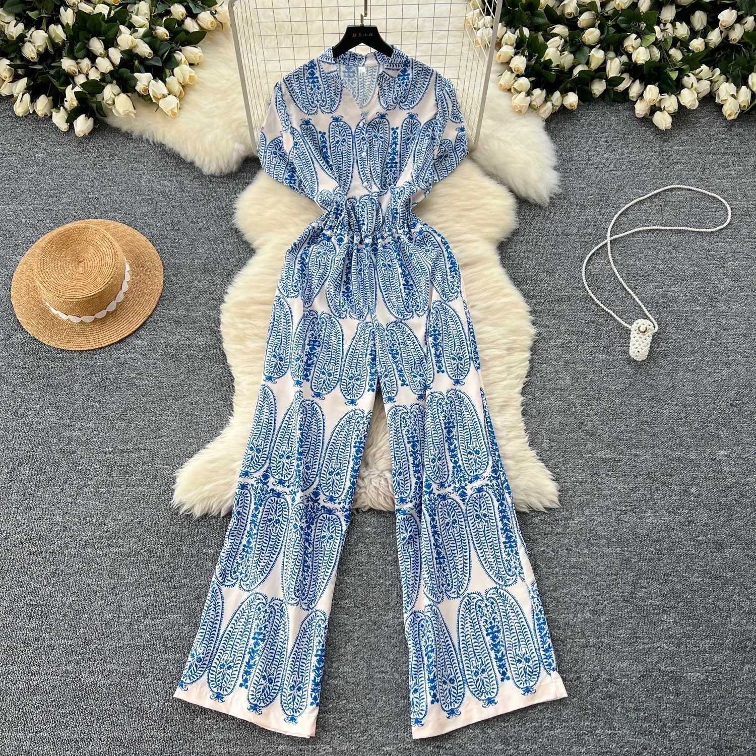 2024 New Summer Women V-Neck Puff Slve Bottons Slim Jumpsuits High Quty Retro Print Wide Leg Long Pants Pleated Jumpsuits X250318