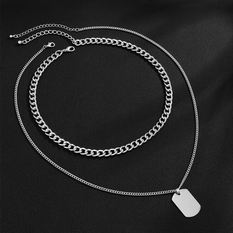 Hee Ha Men Double Pendant Necklace Titanium Steel Tag Metal Chain Sweater Chain Jewelry