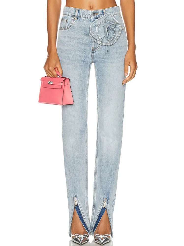 BJTZ Casual Minimalist 2025 Autumn And Winter New Design Sense Three-Dimensional Wer Slit High Waisted Jeans For Women