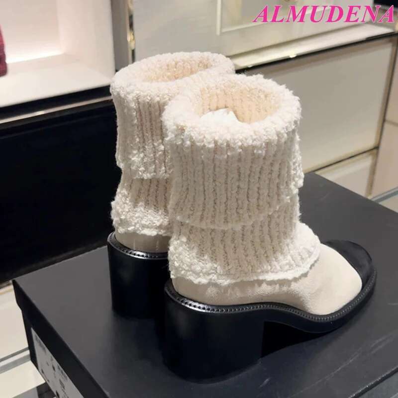 Women's 2025 New In Black And White Chunky Heel Sock Boots Designer Round Toe Booties Elegant Party Knit Shoes