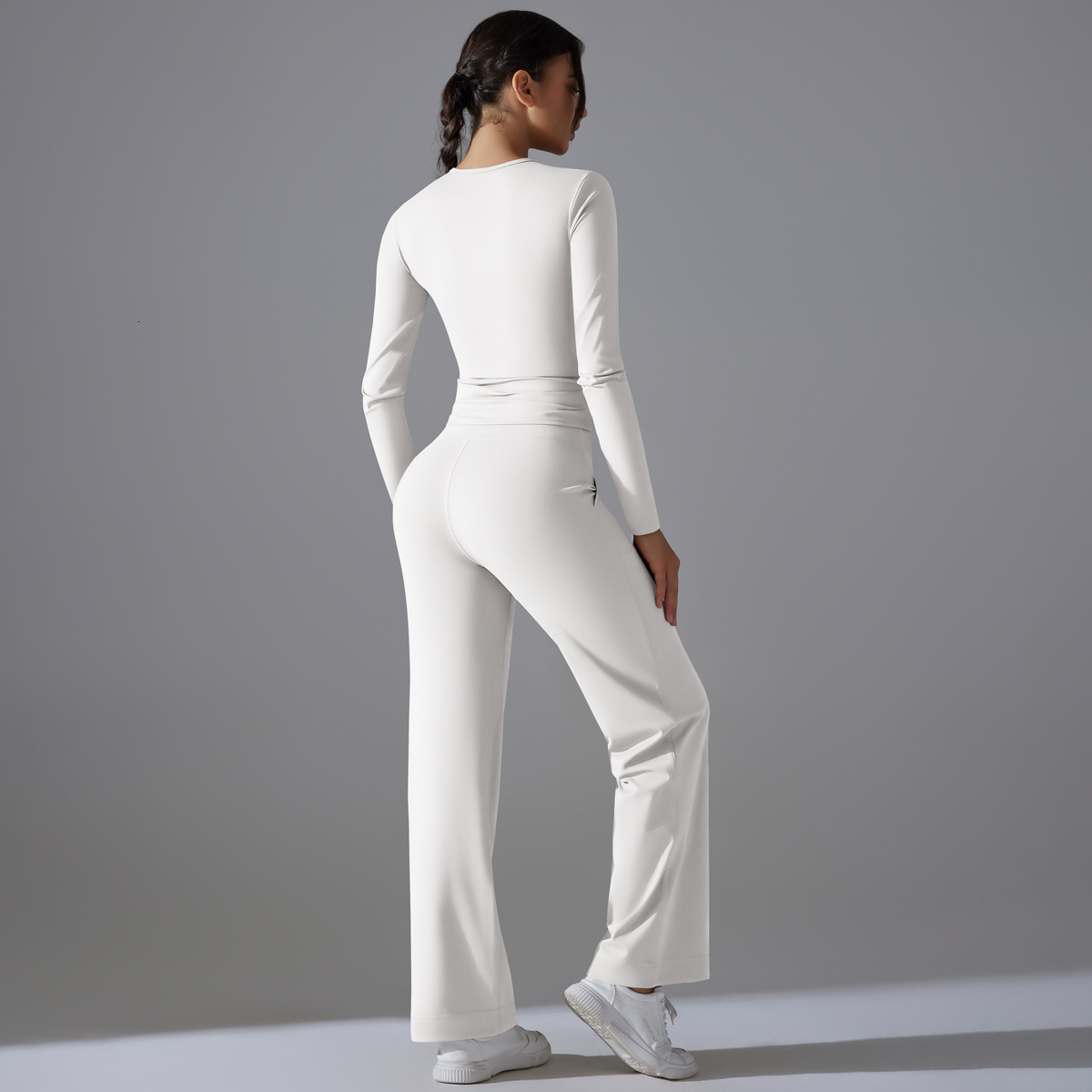 tracksuit Double sided nylon solid color long sleeved yoga suit set, high waist wide leg sports running fitness two-piece set leggings