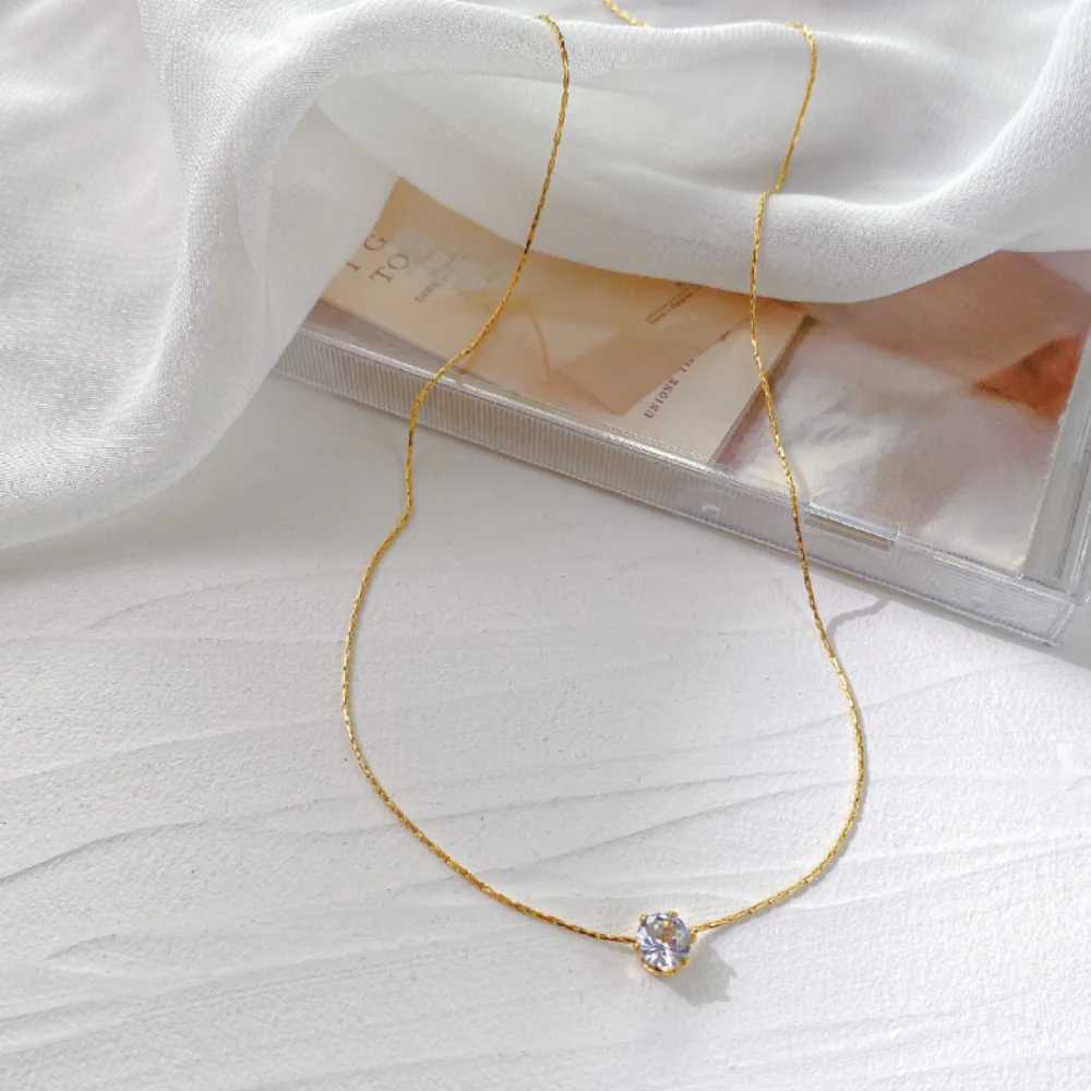 Stainless Steel Gold Plated Dainty Minimalist Zircon Charm Anti Tarnish Chain Round Clear Cz Stone Necklace for Women Jewelry W250318