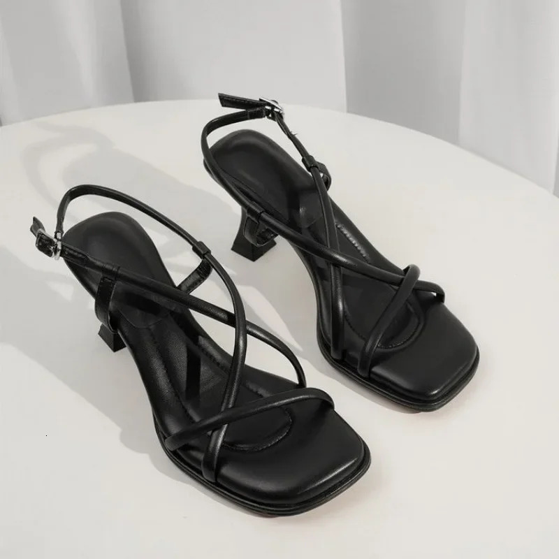 Summer Simple Square Headed Slim Strap Thick Heel Sandals for Women Straight Toe Open Toe Sandals for Women 250318