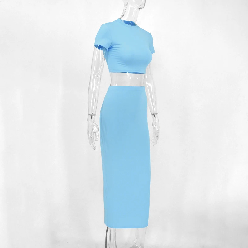 Sexy T-shirt Skirt Two Piece Set Women Short Sleeve O-Neck Crop Top High Waist Skirt Solid Fashion Suit Streetwear Partywear 250319