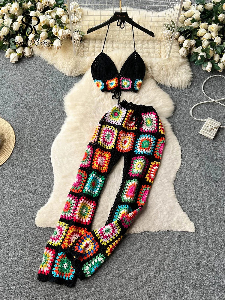 SINGREENY Knitted Beach Two Piece Womens Shoulder Strap Mini CamisElastic Waist Pants Set Street Clothing Hollow Leisure 250318