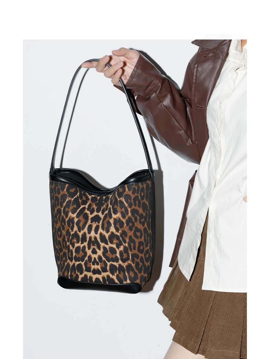 MABULA Leopard Vintage Woman's Bucket Purse Canvas PU Leather Fashion Phone Design 2Pcs Set Ladies Bag