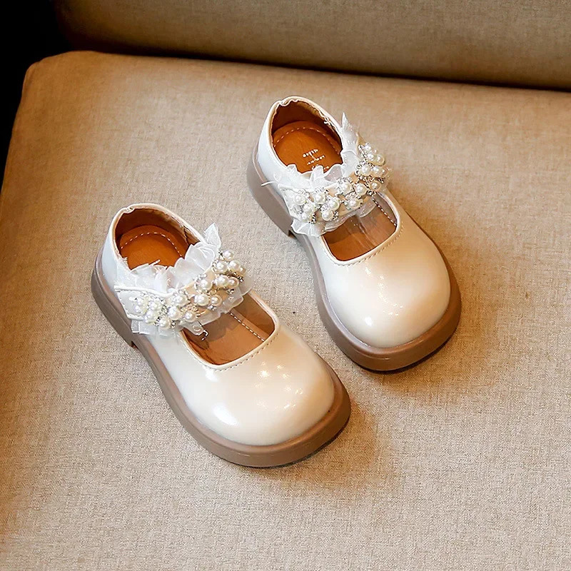 Childrens PU shoes pearl lace princess soft soled childrens flat rubber Loafers Girls Student Daily 2335 250319
