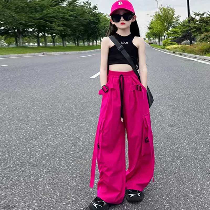 Girls Summer Thin Pants 2025 New Childrens Sports Wide Leg Trouser Youth Freight Pants 5-14Y Big Childrens Fashion ClothingT250318