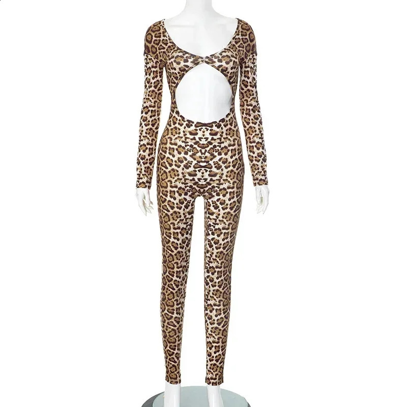 Leopard Print Hollow Jumpsuits Women Sexy V-Neck Full Sleeve Backless Skinny One Piece Overalls Nightclub Y2K Streetwear 250319