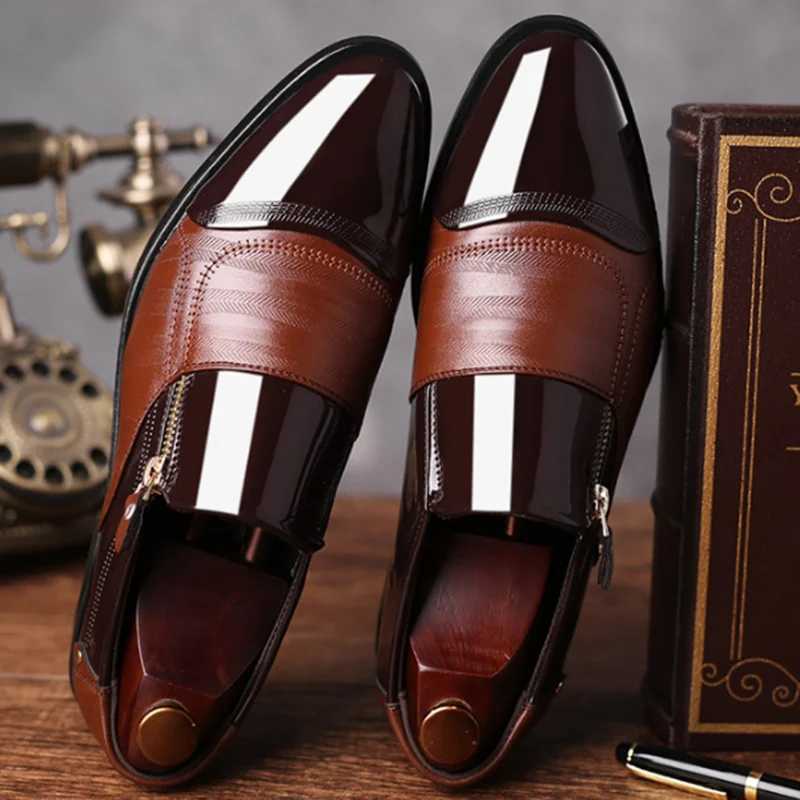 Black patent PU leather shoes sliding mens shoes plus size toe shoes mens elegant business casual shoes wedding shoesXJ250319