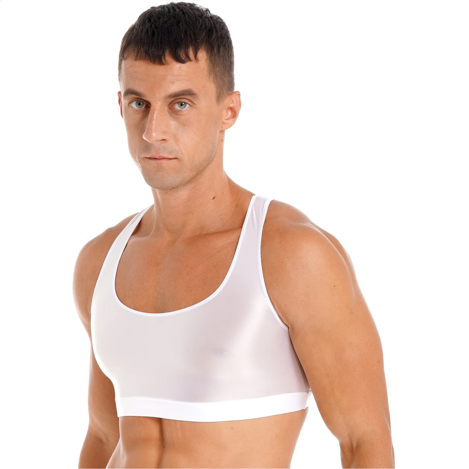 Mens Shiny Oil Glossy Athletic Muscle Crop Tops Vest Sleeveless Racerback U Neck Tank Tops Workout Fitness Shirt Singlet Tops 250319