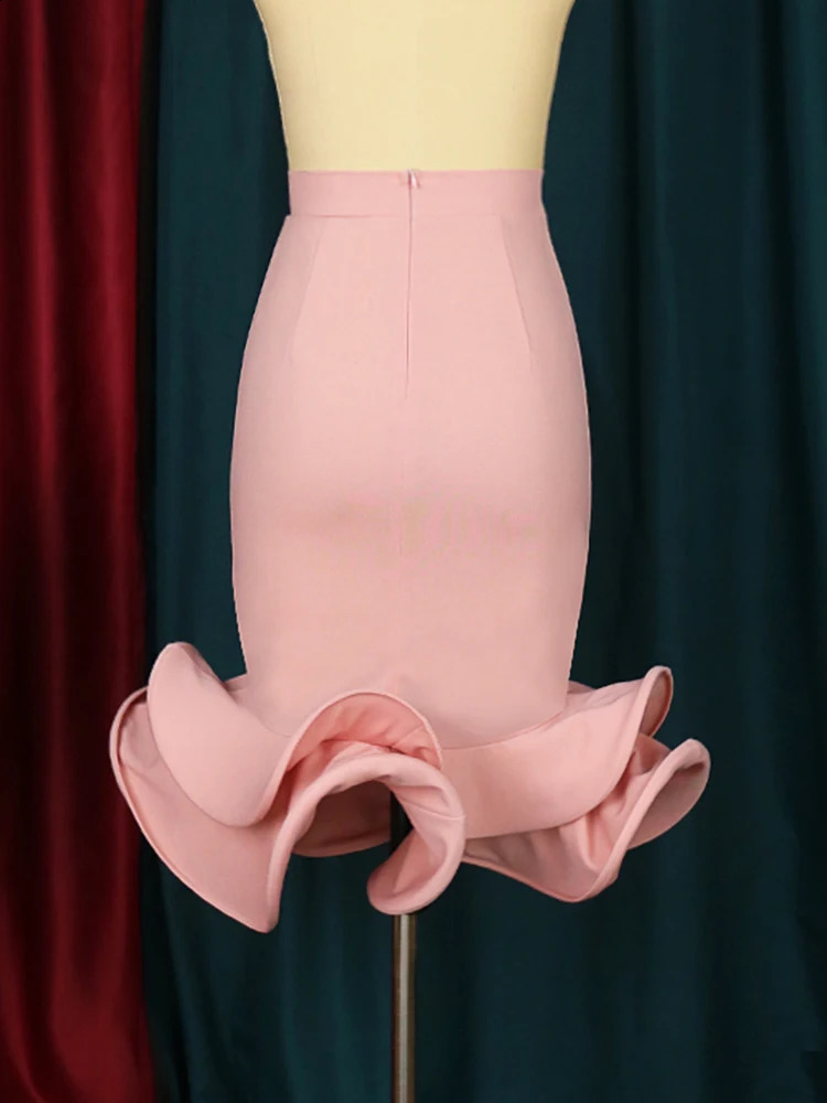 Women Mermaid Skirt High Waist Pink Trumpet Flare Fishtail Sheath Stylish Ruffles Elegant Party Event Elastic Classy Jupes Falad 250313