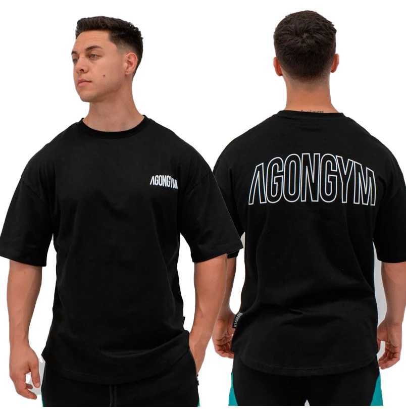Gym fitness Agongym Health oversized loose T-shirt cotton mens muscle short sleeve gym mens running sports T-shirt short sleeveT250319