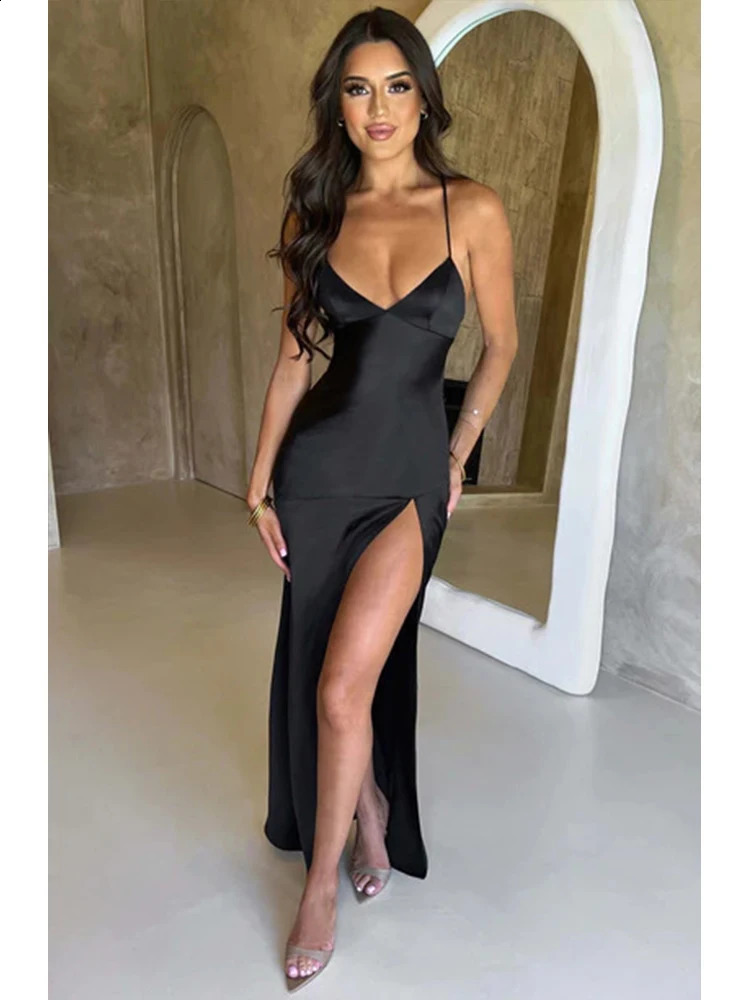 Satin Backless Cocktail - Elegant Spaghetti Strap Split Hem Slim Long Dress for Parties & Clubs C260311