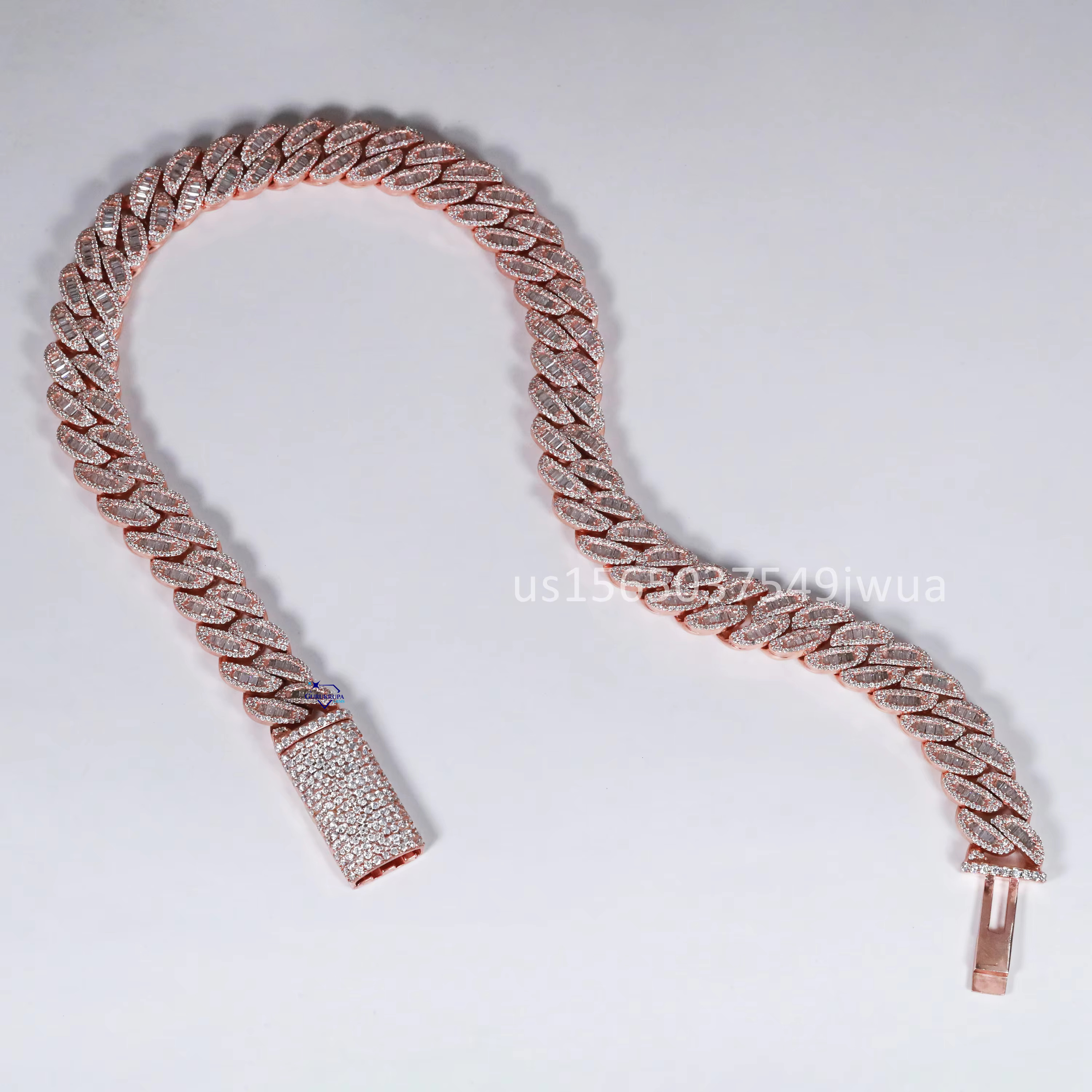 Personalized Hip Hop Cuban Chain Crafted With 14kt Rose Gold Featuring Moissanite Round Brilliant and Baguette Cut Diamonds