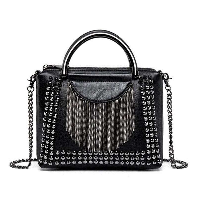 Rivet Design Women Handbag Mini Fashion Chain Tassel Lady Shoulder Bags Black Girls Flap Crossbody Bag Bolsa Franja Totes