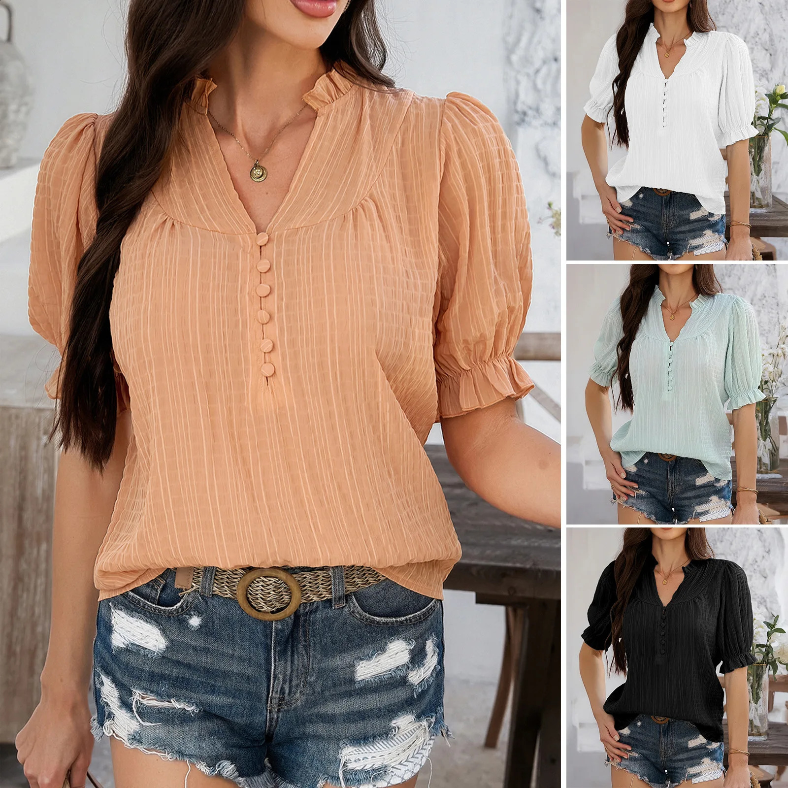Summer womens shirt casual collar top womens fashionable solid womens shirt casual collar top womens clothing 250318