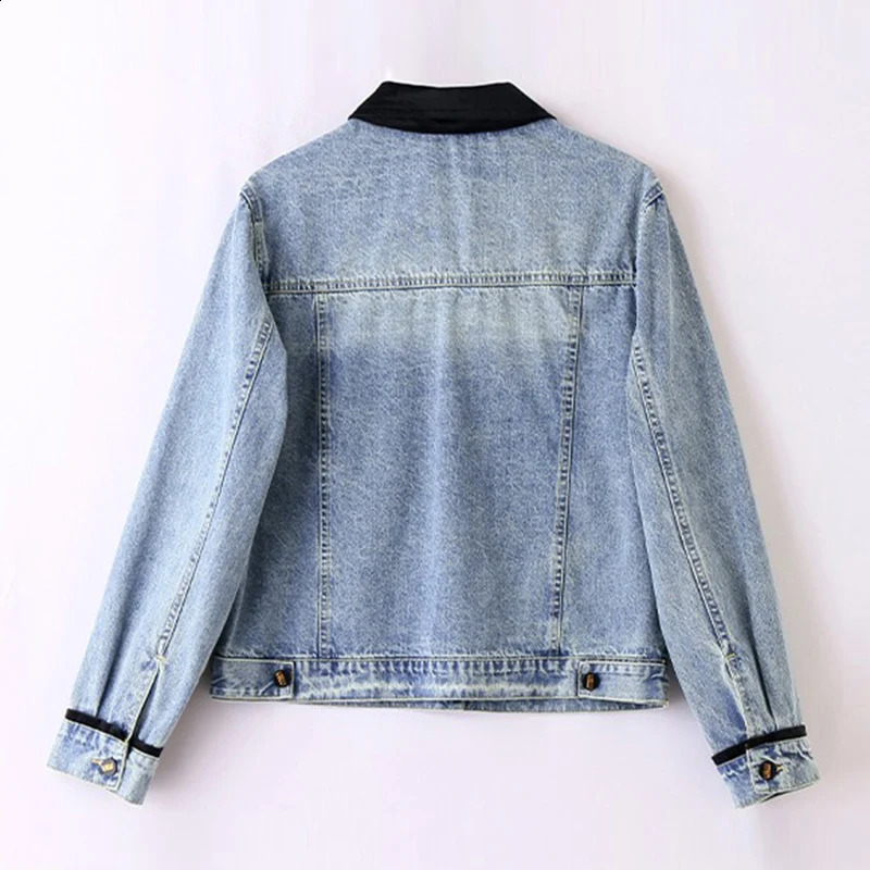 2024 Spring Denim Coat and Jacket Womens Splicing Work Color Chinese Style Tie Long Sleeve Blue Jeans 250319