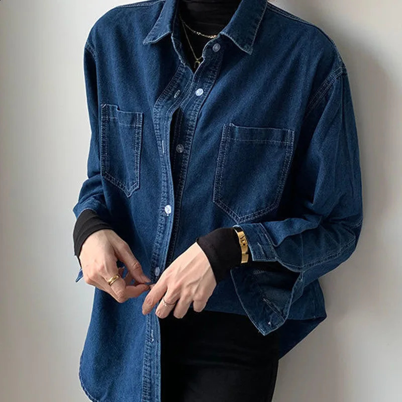 Lucy 2024 Autumn Blue Denim Jacket Womens Retro Loose Collar Shirt Fashion Button Office 250319