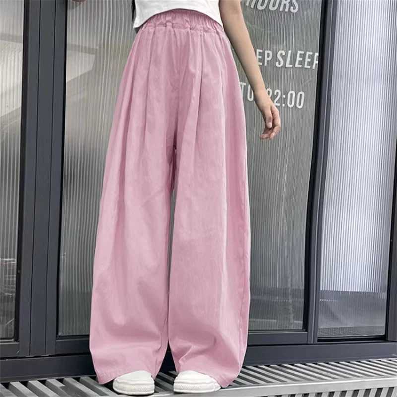 Girls Daily Wide Leg Pants 2024 Summer New Collection Trouser Childrens Fashion Solid Color Pants Youth Casual Edition Sports PantsT250318