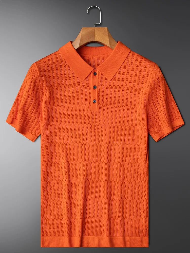 Light summer thin ice silk hollow-out knitted T-shirt mens short sleeve summer fashion jacquard lapel casual POLO shirt 250317