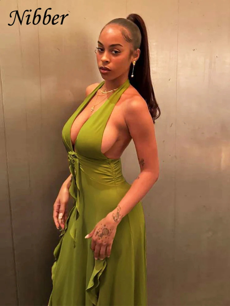 Nibber Appliques Tassel Dress Women Y2K Halter Backless Split Sexy Ruched Elegant Summer Back Ruched Beach Holiday Maxi Bodycon 250319