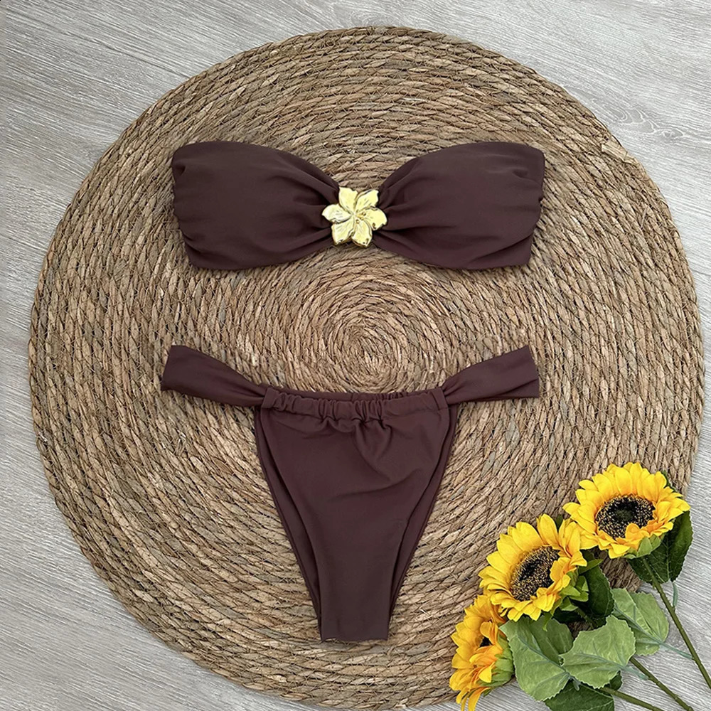 Bandeau Bikini Push Up Women Swimsuits 2025 Sexy Female Swimwear Brazilian Bikini Set Thong Biquini Swim Suits Solid Beachwear 250319