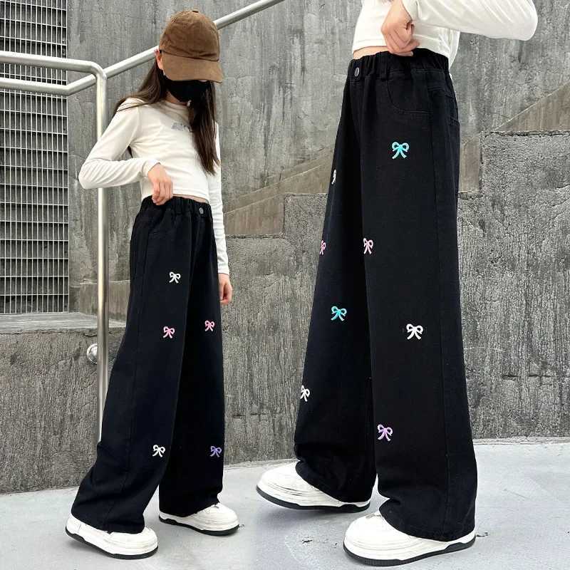 Girls retro black embroidered bow embroidered wide-legged trousers high waist straight tube show thin floor pants 5-14 years oldT250318