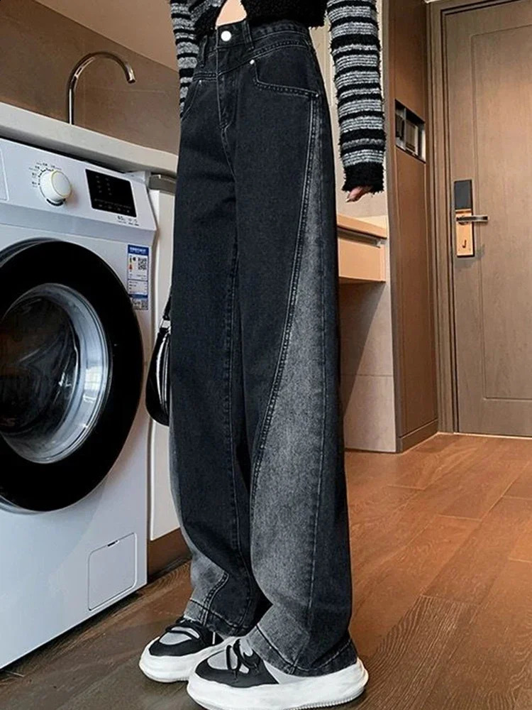 Womens high waisted jeans American womens patched work straight leg pants girls black gray contrasting wide 250317