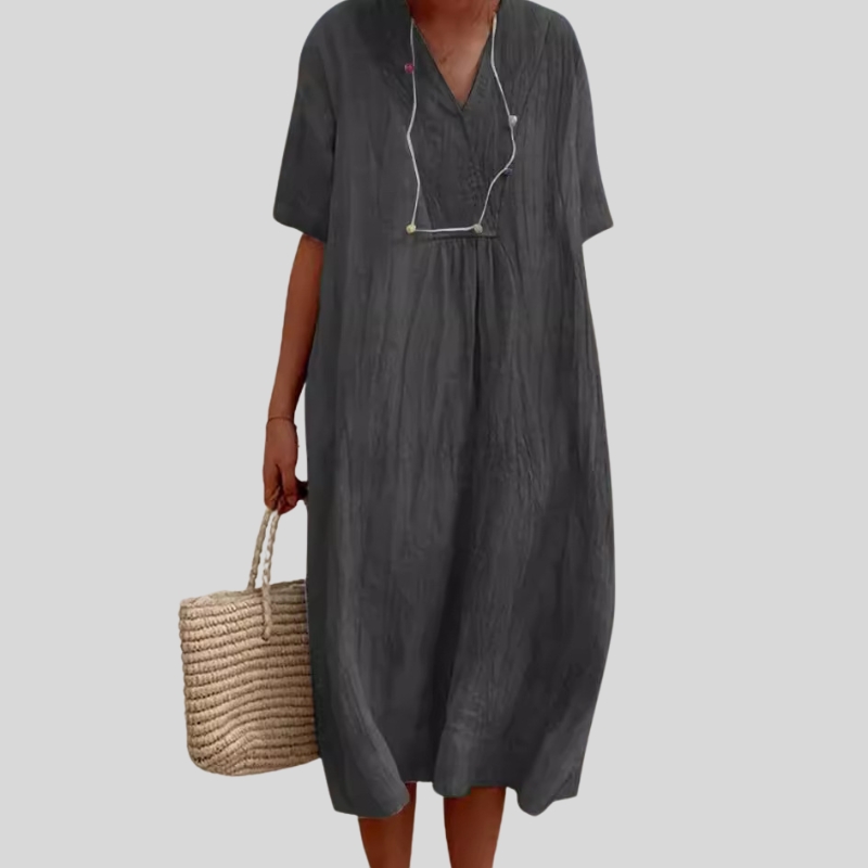 Cotton and linen spot women's clothing solid color, big V-neck fashion style loose short-sleeved dress