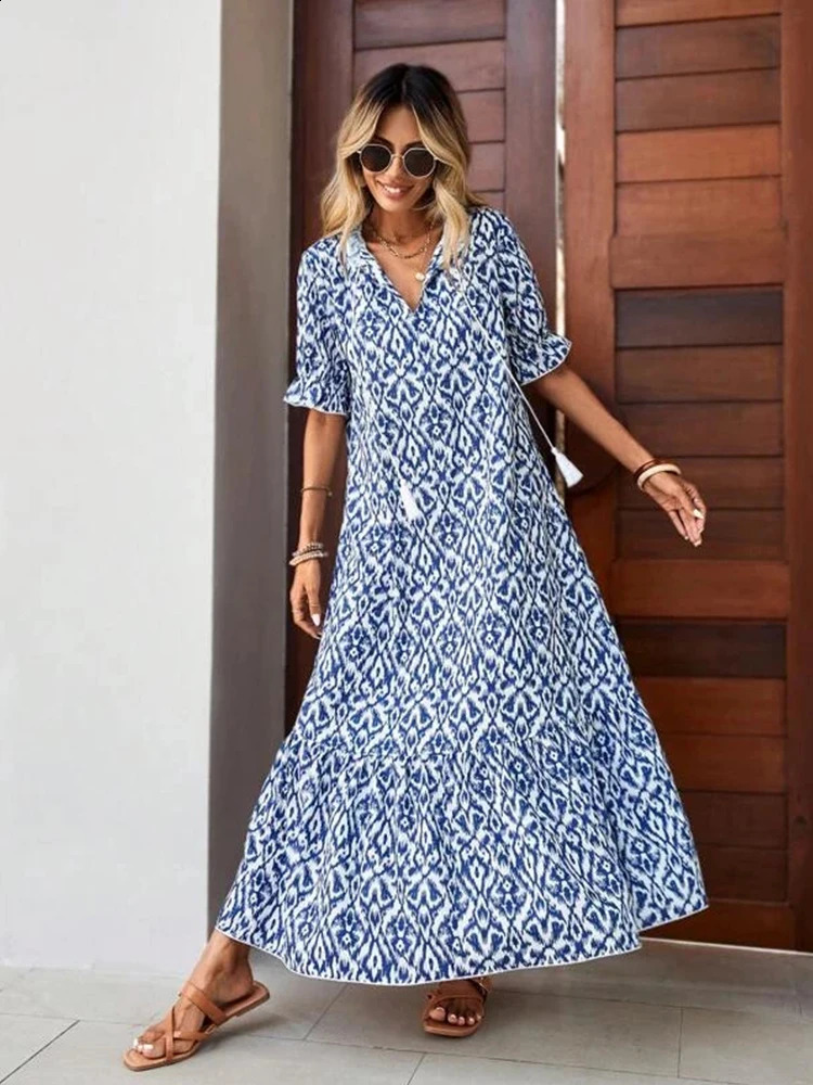 Summer Rotating Bohemian Womens Maxi Dress Casual Short Sleeve A-line Flounce Beach Womens Chiffon Dress Flower Vestidoes Mujer 250314