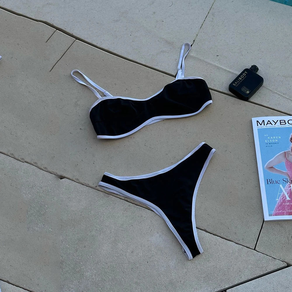 Sexy Black White Micro Bikini Women Bandeau Padded Thong Swimsuit Female Cut Out Bathing Suit Swimwear Biquini swim 250319