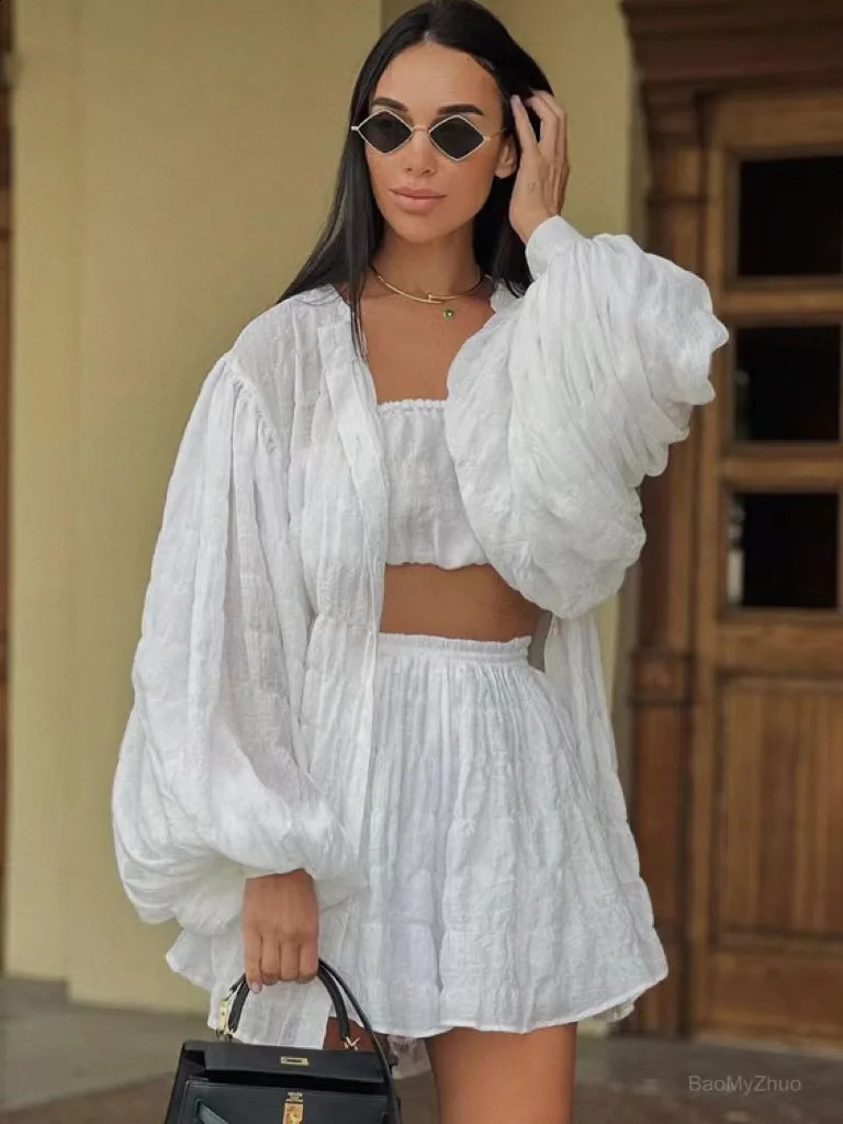 Summer Casual Loose Green 3 Piece Sets Women Outfit Fashion Long Sleeve Top Tube Top Matching High Waist Shorts Set 250319