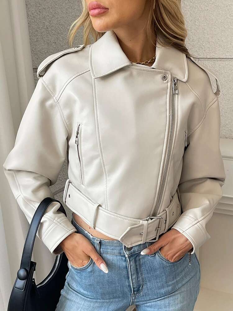 Aigo Streetwear Women Loose Moto Biker Pu Faux Leather Jacket Spring Autumn Female Zipper Belt Retro Coat Outwear