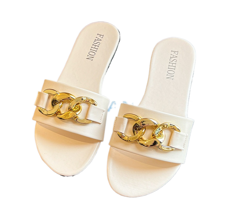 2025 New Fashion Buckle Large Size Flat Non-slip Open Toe Slipper Slides Pvc Metal Chain Women Sandals