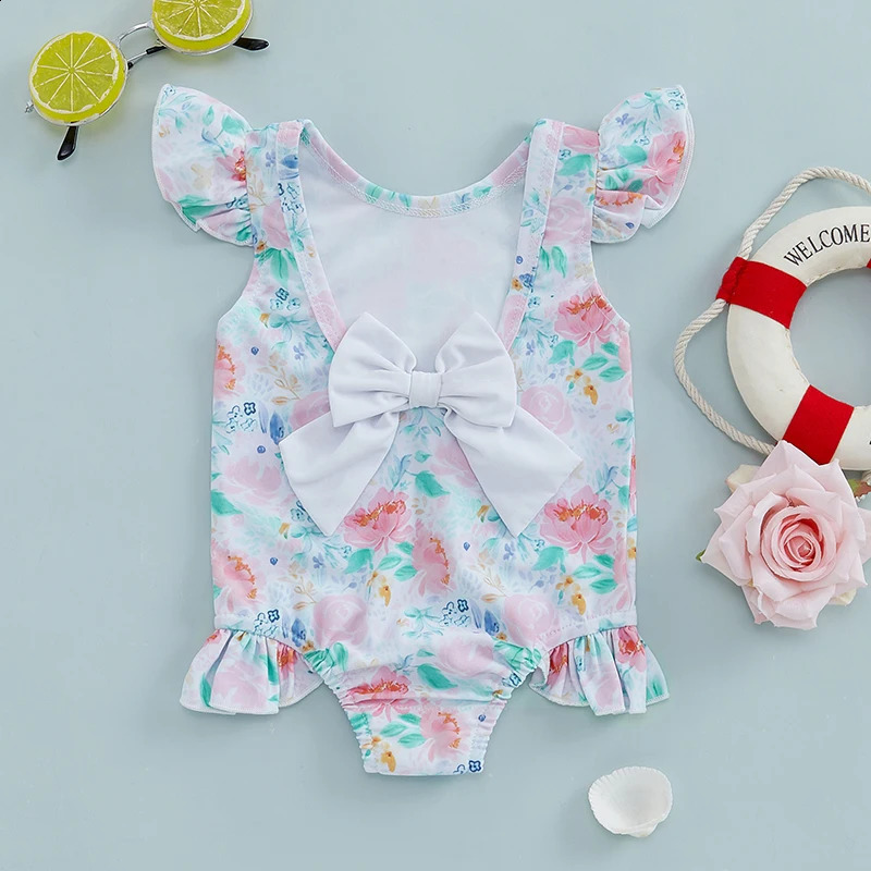 Toddler Girls Swimsuit with Ruffle Sleeves and Cute Floral Print UPF 50 Sun Protection Baby Girls Swimwear 250319