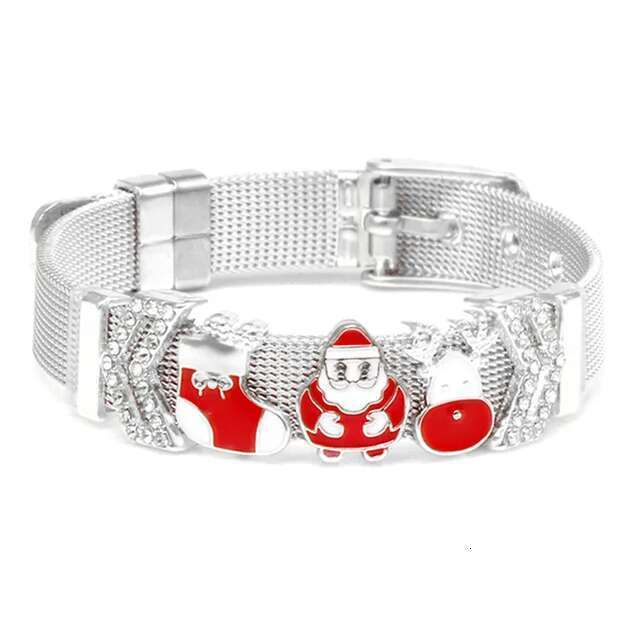 Silver Color Charm Mesh Bracelets For Women Original 10mm Santa Claus Beads Stainless Steel Bracelet Bangle 2021 Christmas Gift